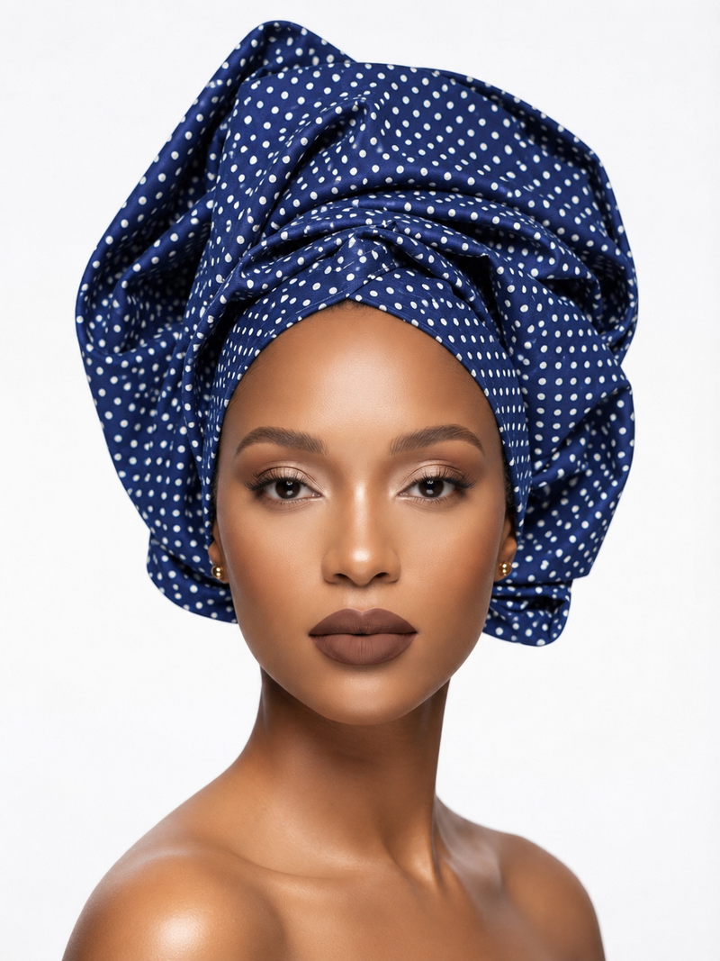 Navy Polka Dot Headwrap - 3 Cats Kgakana