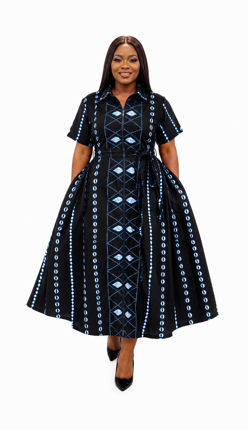 Black and blue tribal print Ankara shirt dress, front view, handmade in South Africa