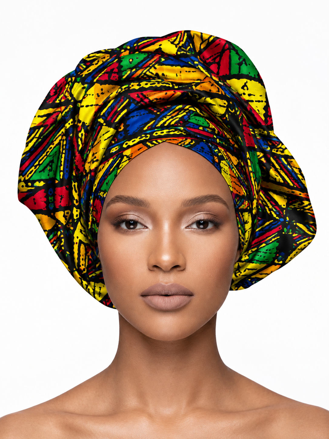 Multicolour stained-glass geometric print Ankara cotton headwrap pre-tied turban