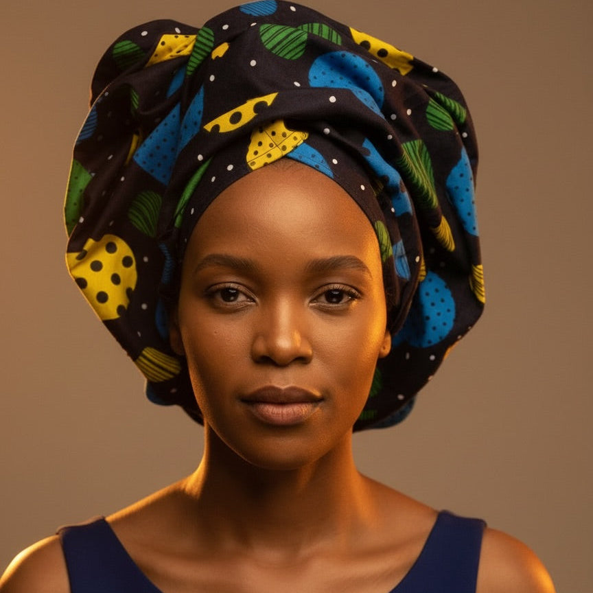 Navy polka dot ankara headwrap, close-up detail