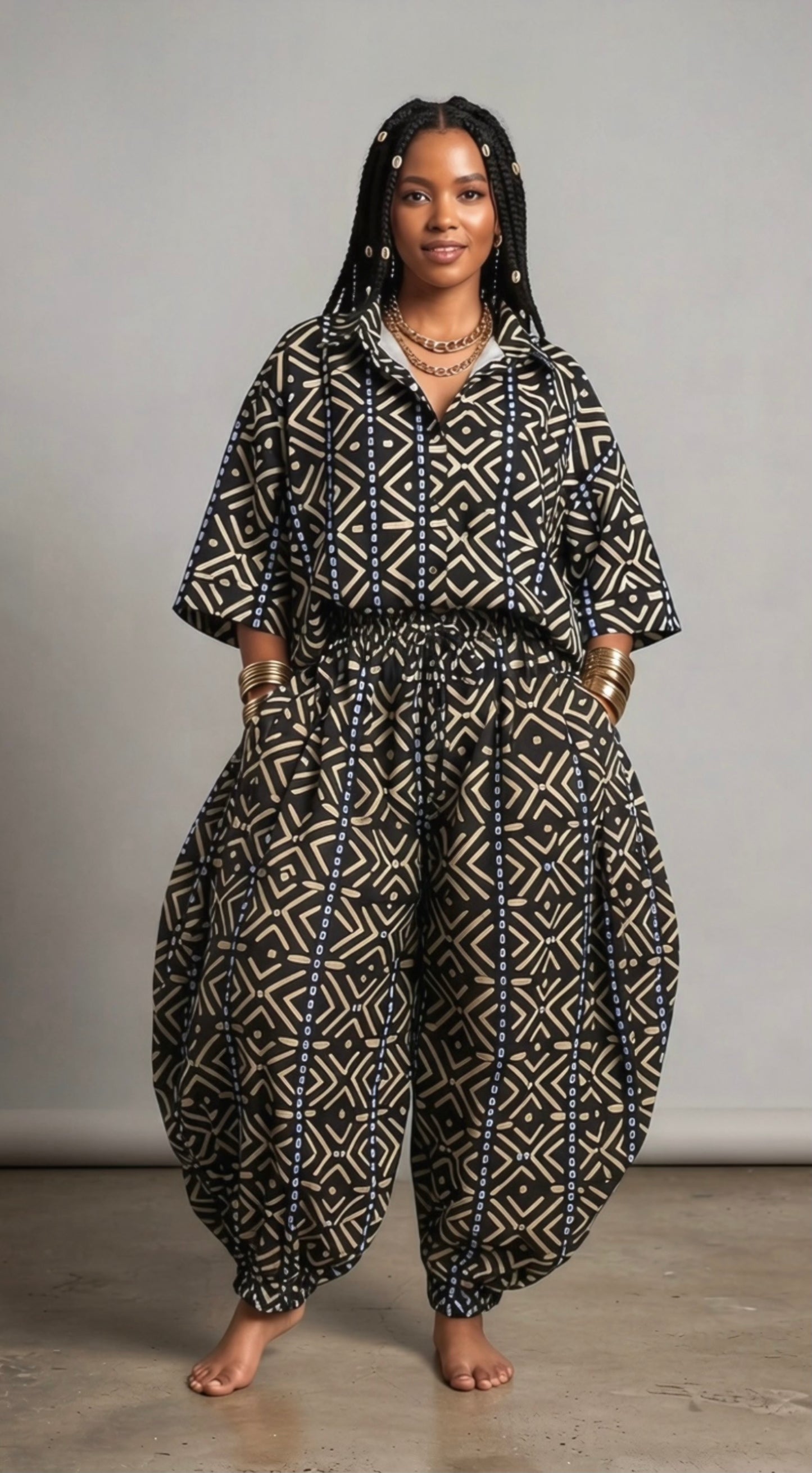 Black and tan mudcloth print barrel balloon pants