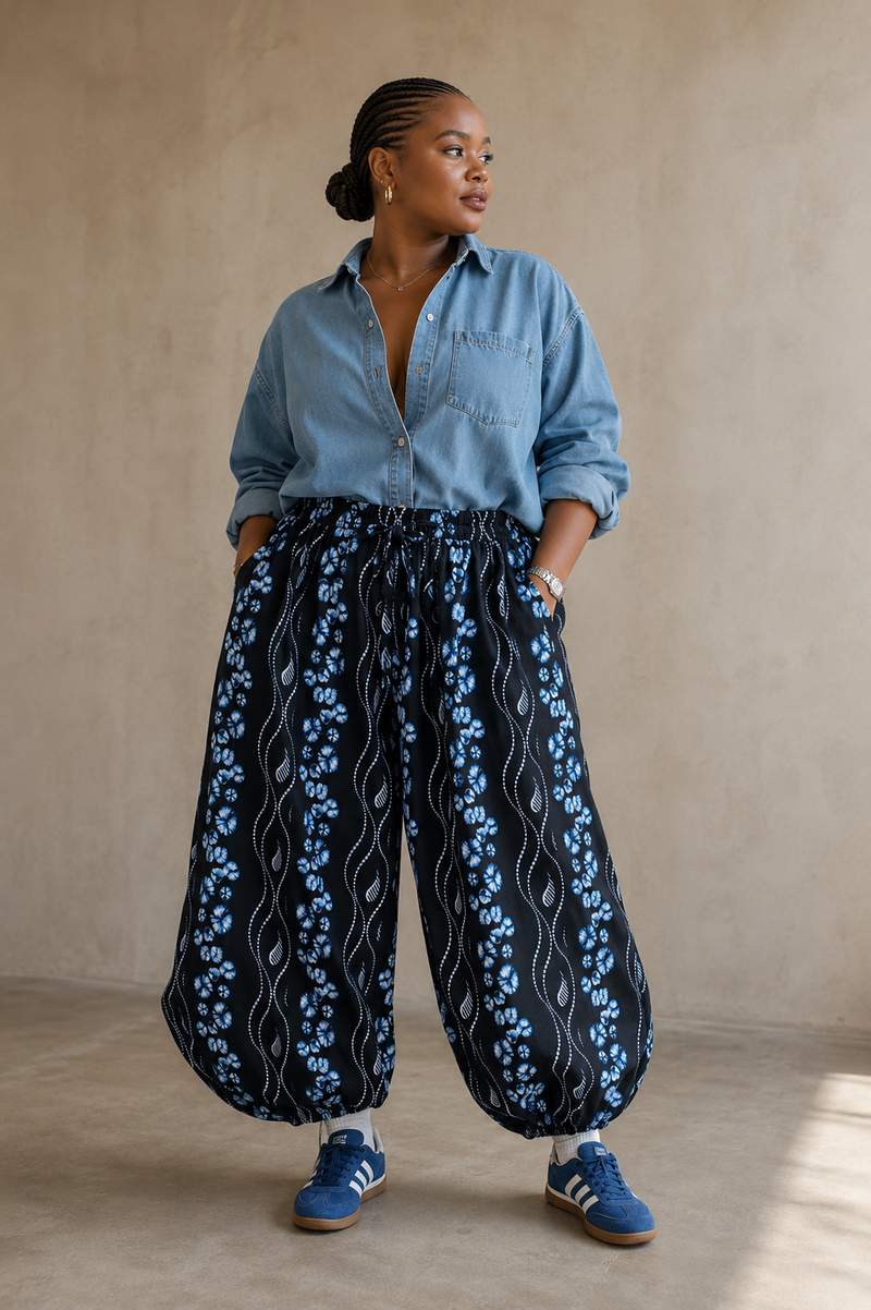 Navy floral vine print barrel balloon pants