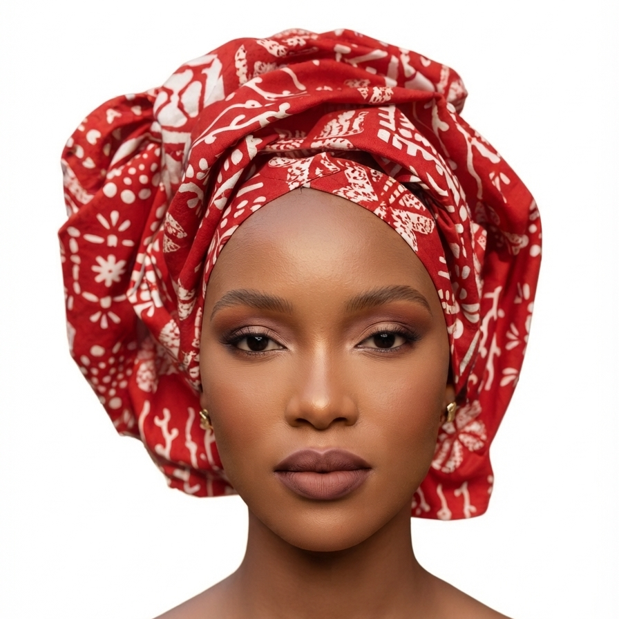 Red and white batik print pre-sewn headwrap