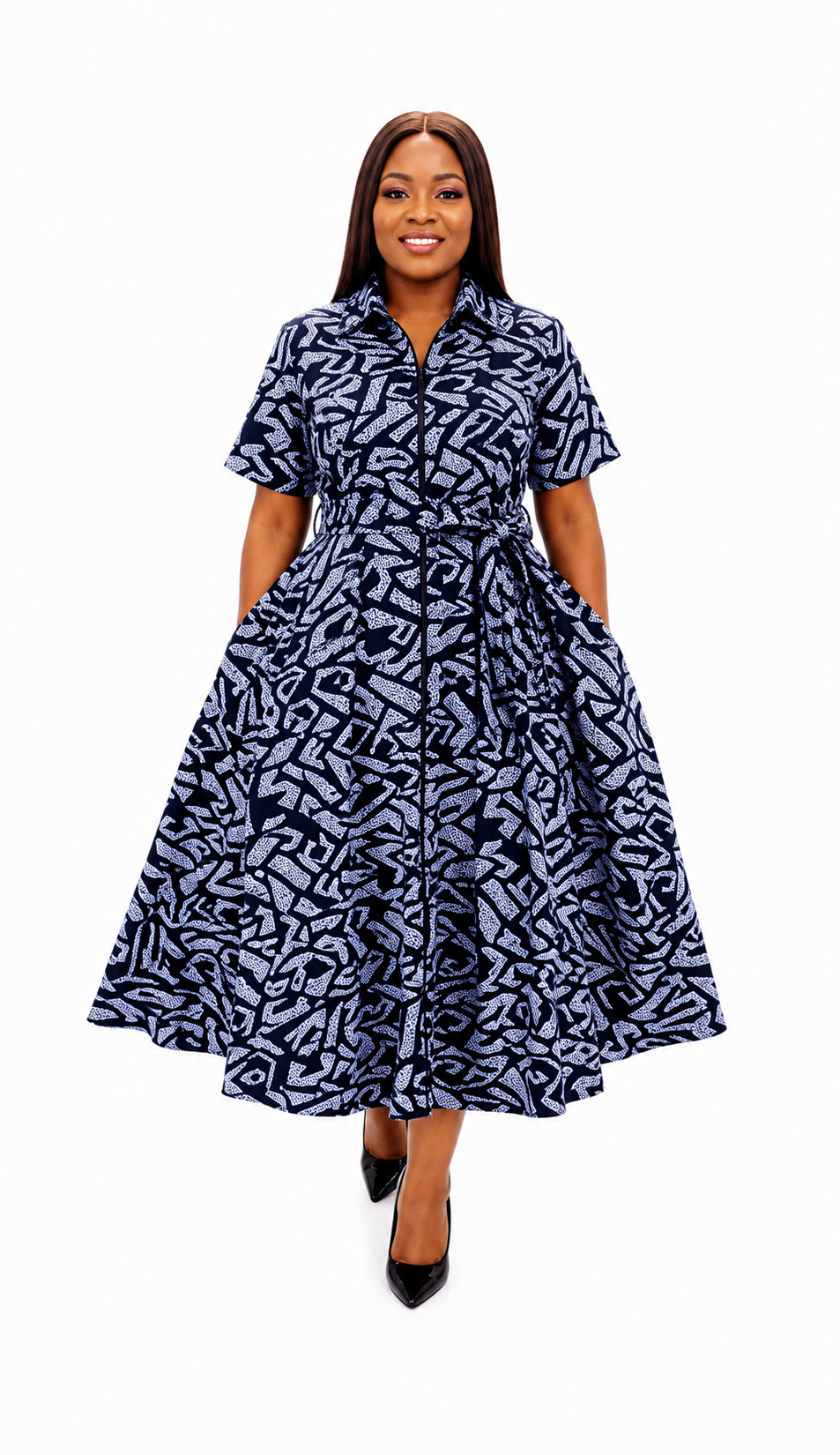 Navy and white abstract print Ankara shirt dress, front view, handmade in South Africa
