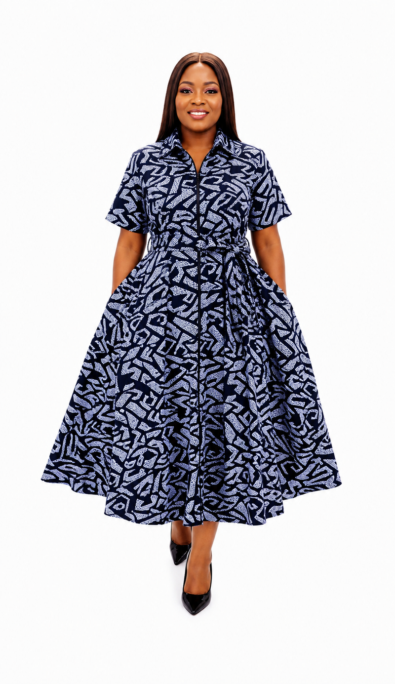 Navy and white abstract print Ankara shirt dress, front view, handmade in South Africa