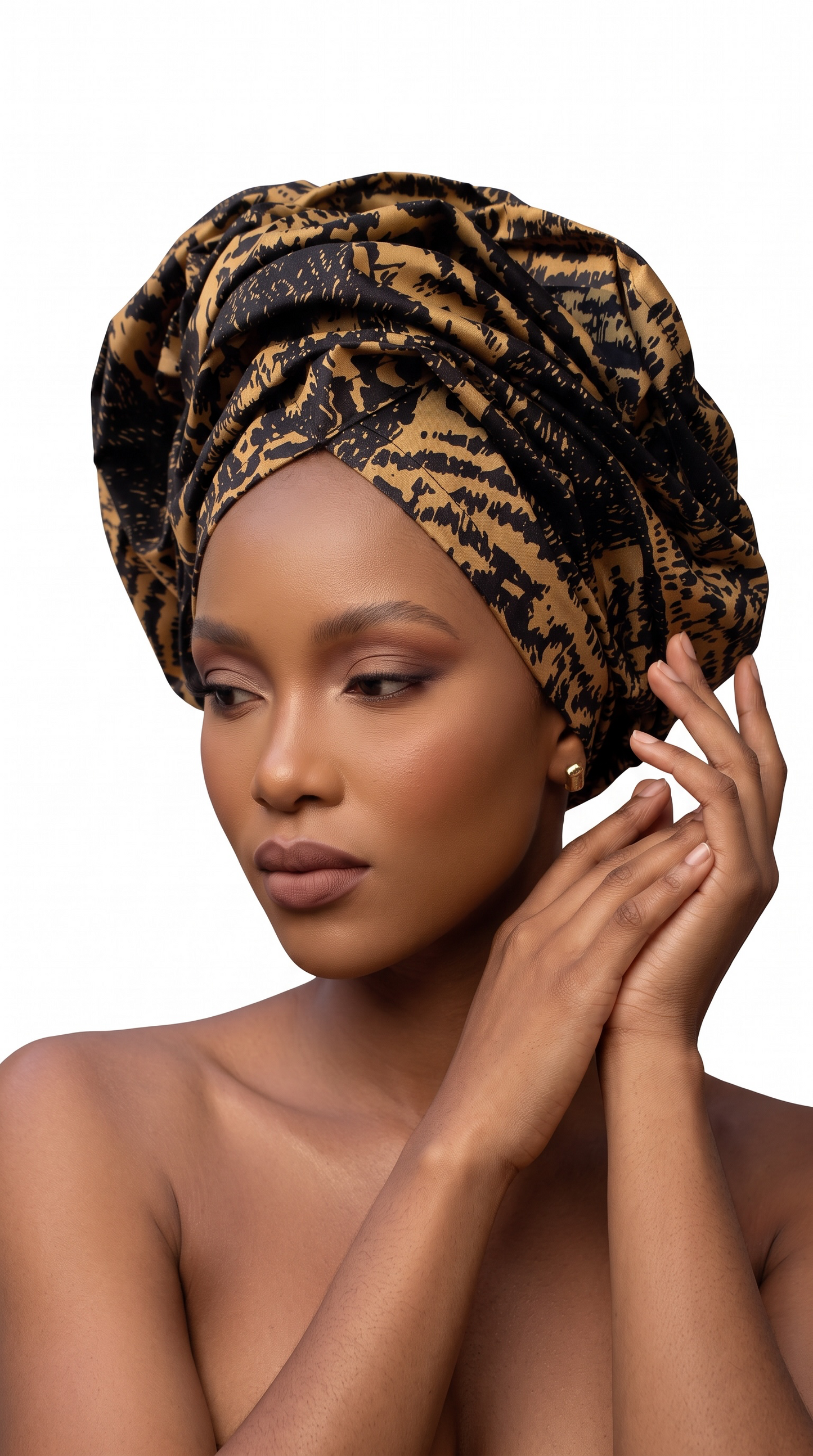 Naledi Headwrap in black and rich fawn brown Ankara cotton
