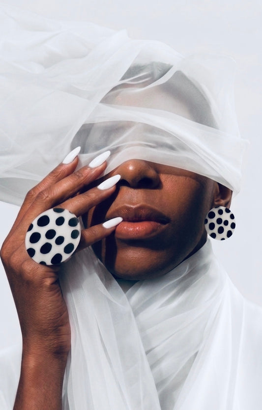 Polka Dot Statement Ring – white with black dots, shown on hand