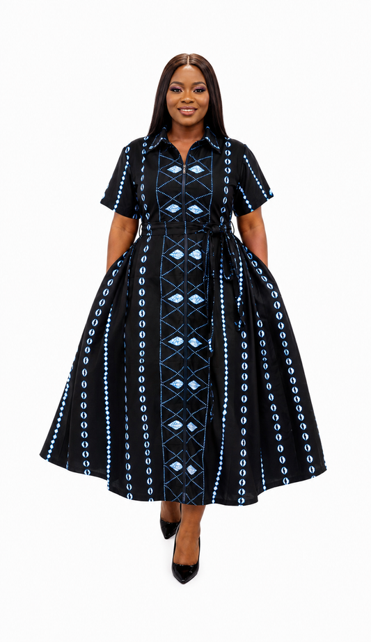 Black and blue tribal print Ankara shirt dress, front view, handmade in South Africa