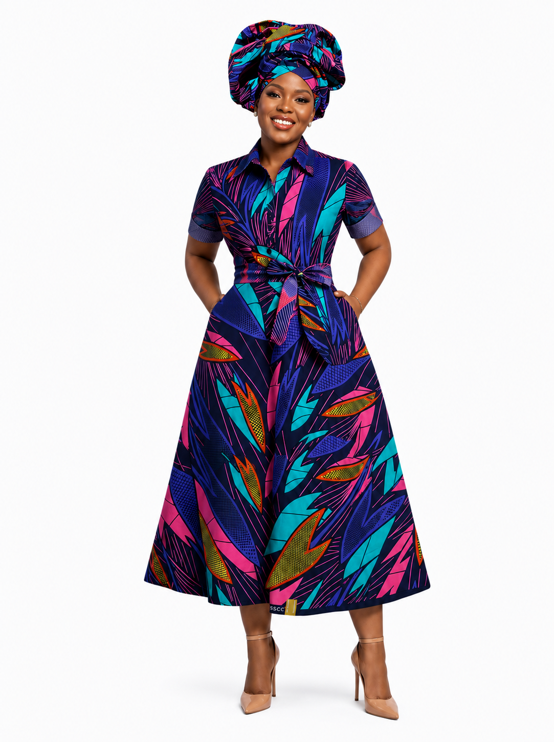 Navy multicolor Ankara print shirt dress, front view on model