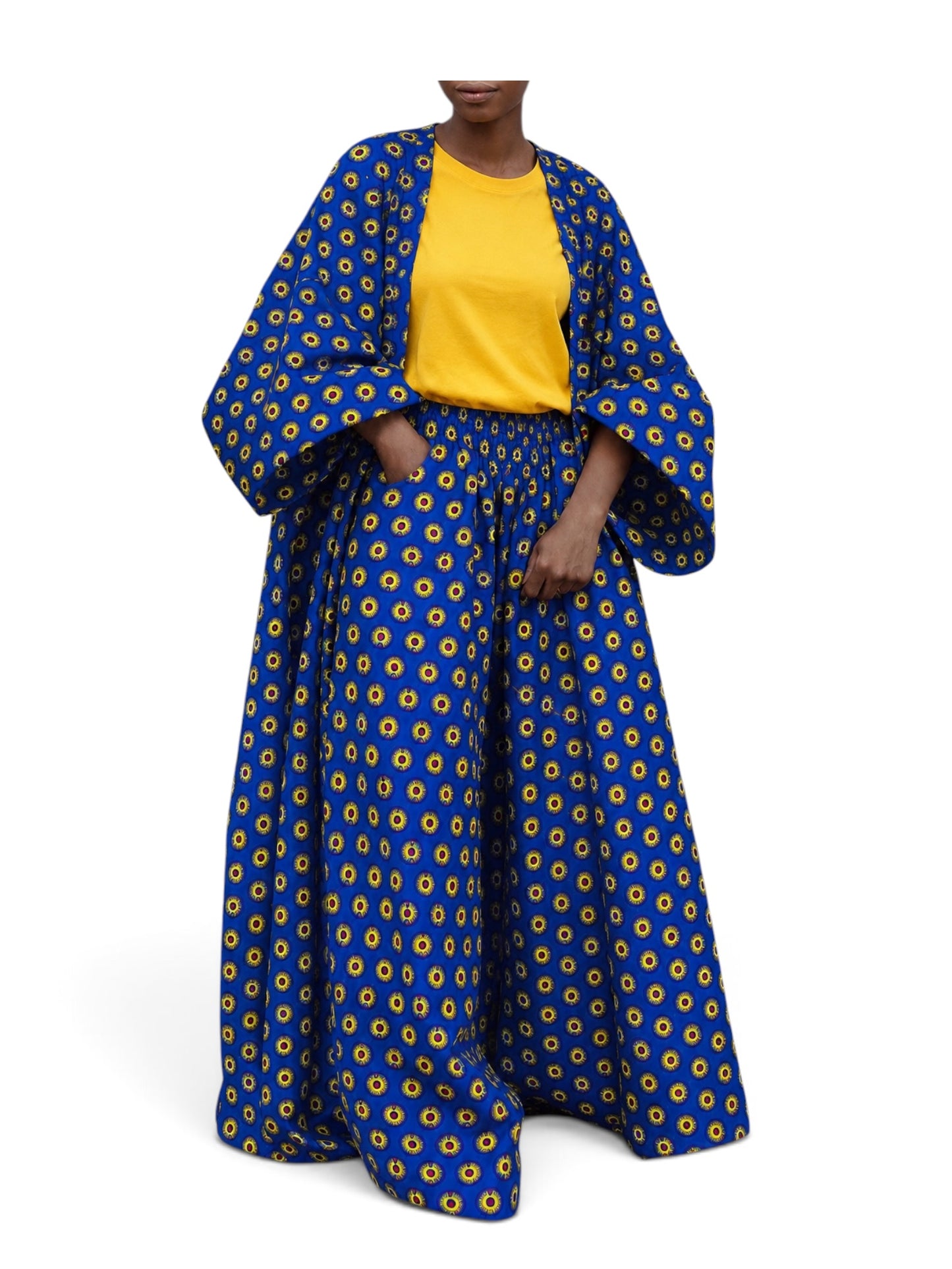 African print cobalt blue kimono and wide-leg pants set - front view