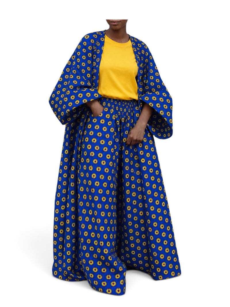 African print cobalt blue kimono and wide-leg pants set - front view