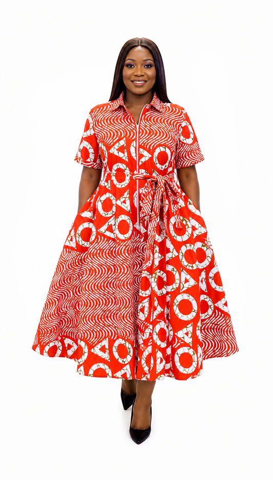 Red and white geometric print Ankara shirt dress, front view, handmade in South Africa