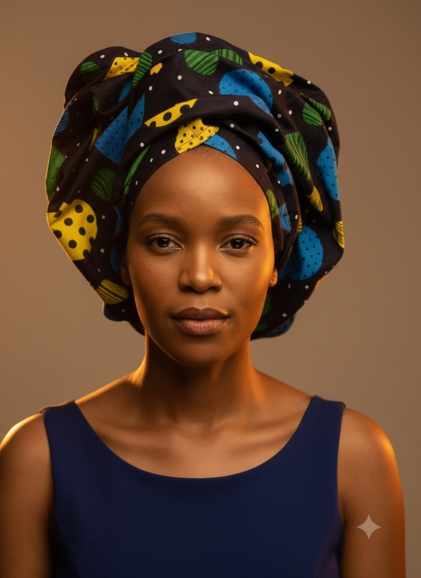 Navy polka dot ankara headwrap, close-up detail