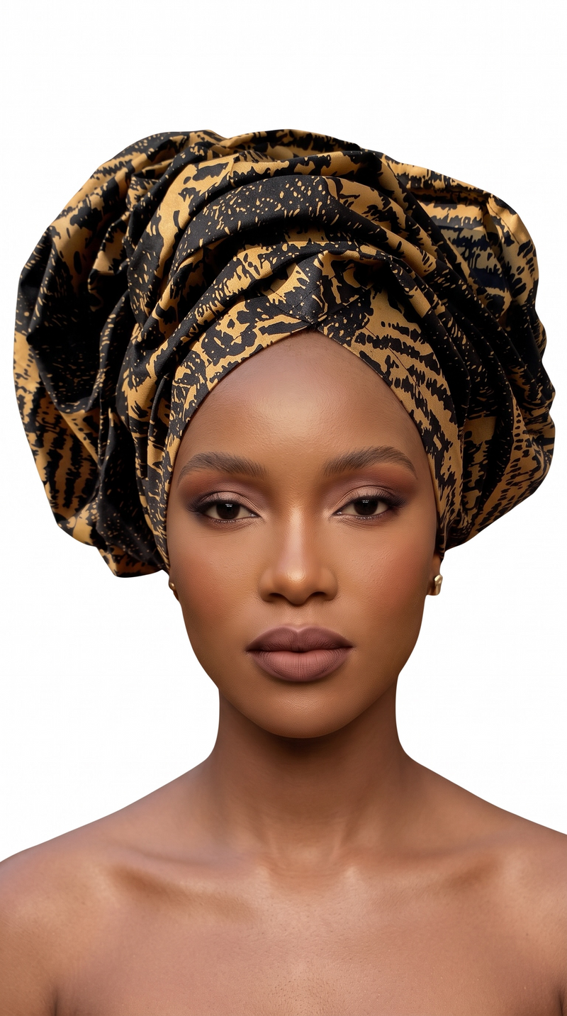 Naledi Headwrap – 100% Ankara Cotton in Black & Rich Fawn Brown - hover