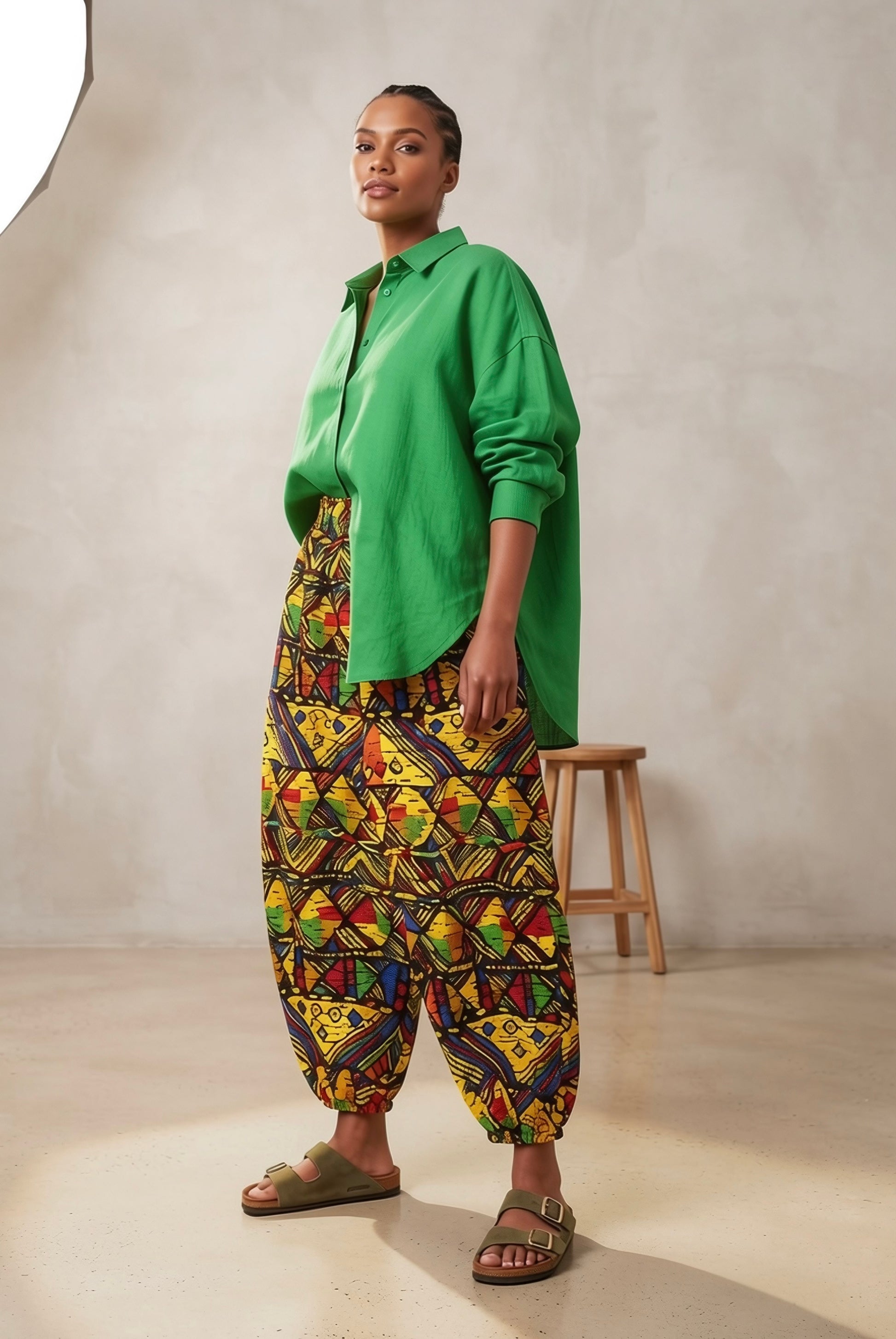 Yellow multicolor tribal print barrel balloon pants