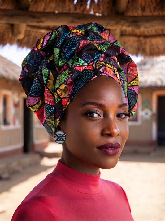Multicolor tribal mosaic ankara headwrap, close-up portrait
