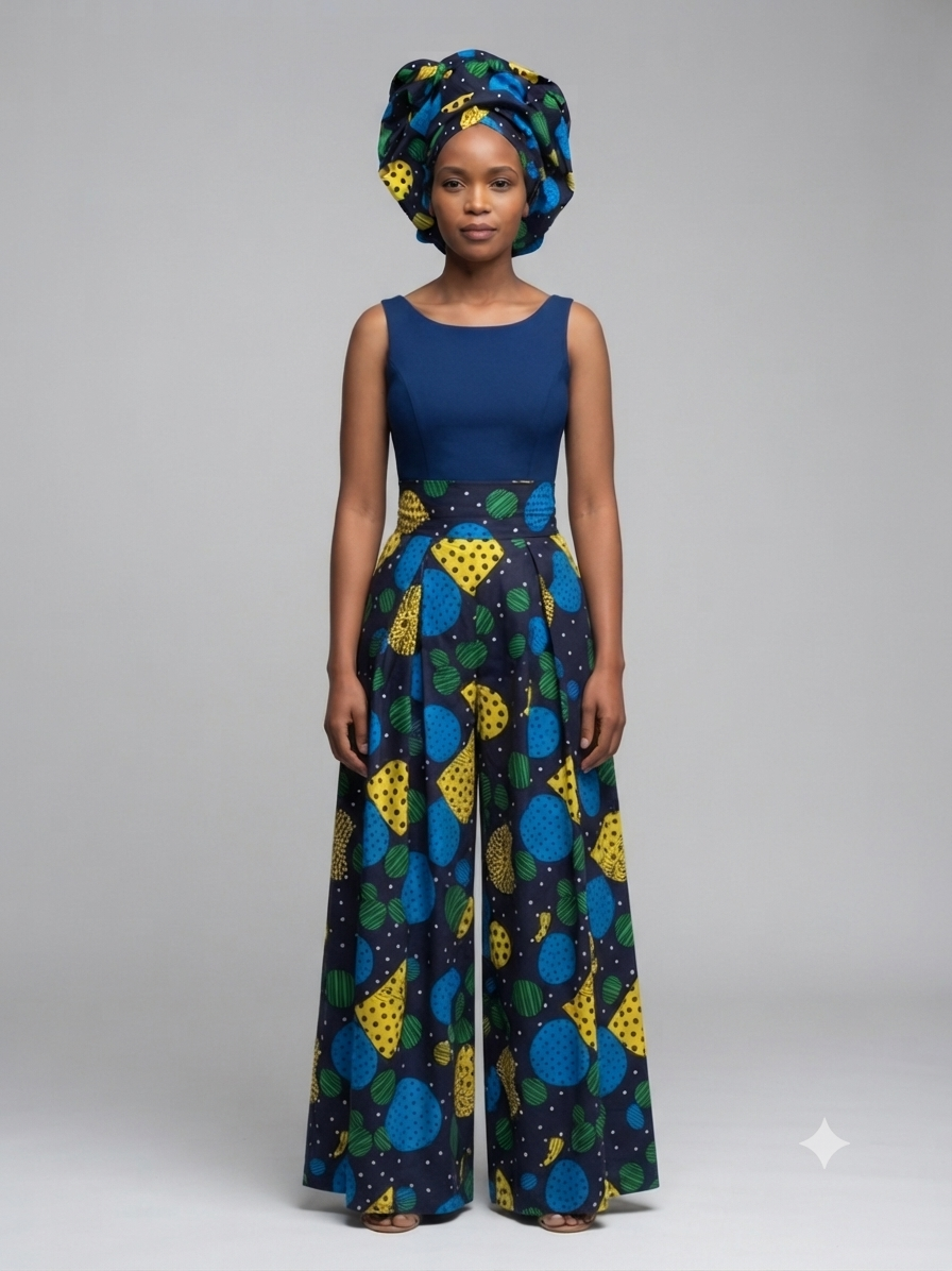 Navy polka dot ankara headwrap styled with matching outfit, full body