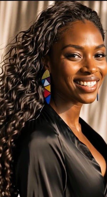 Ndebele hand-painted wooden drop earrings in Multi-Colour, close-up