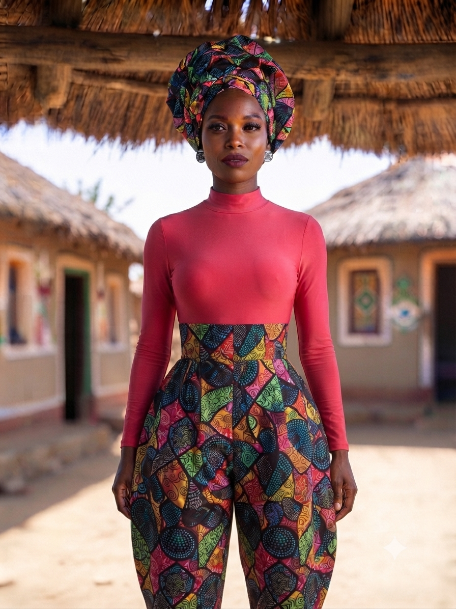 Multicolor tribal mosaic ankara headwrap styled with matching outfit, full body