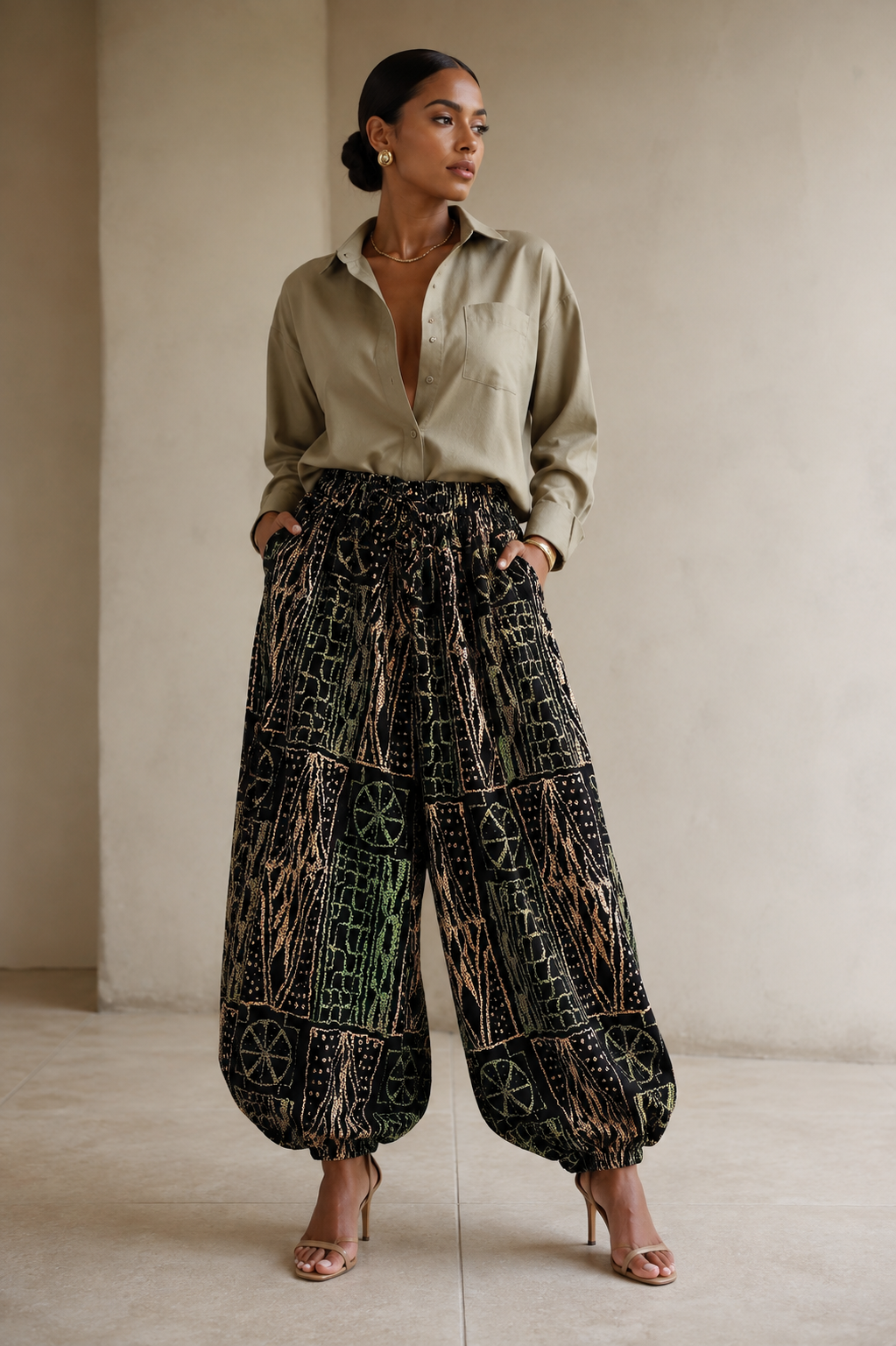 Black, green and tan batik print barrel balloon pants