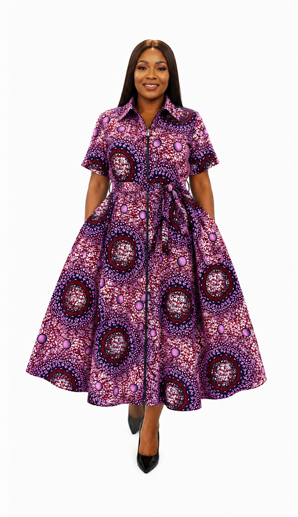Purple and burgundy medallion print Ankara shirt dress, front view, handmade in South Africa