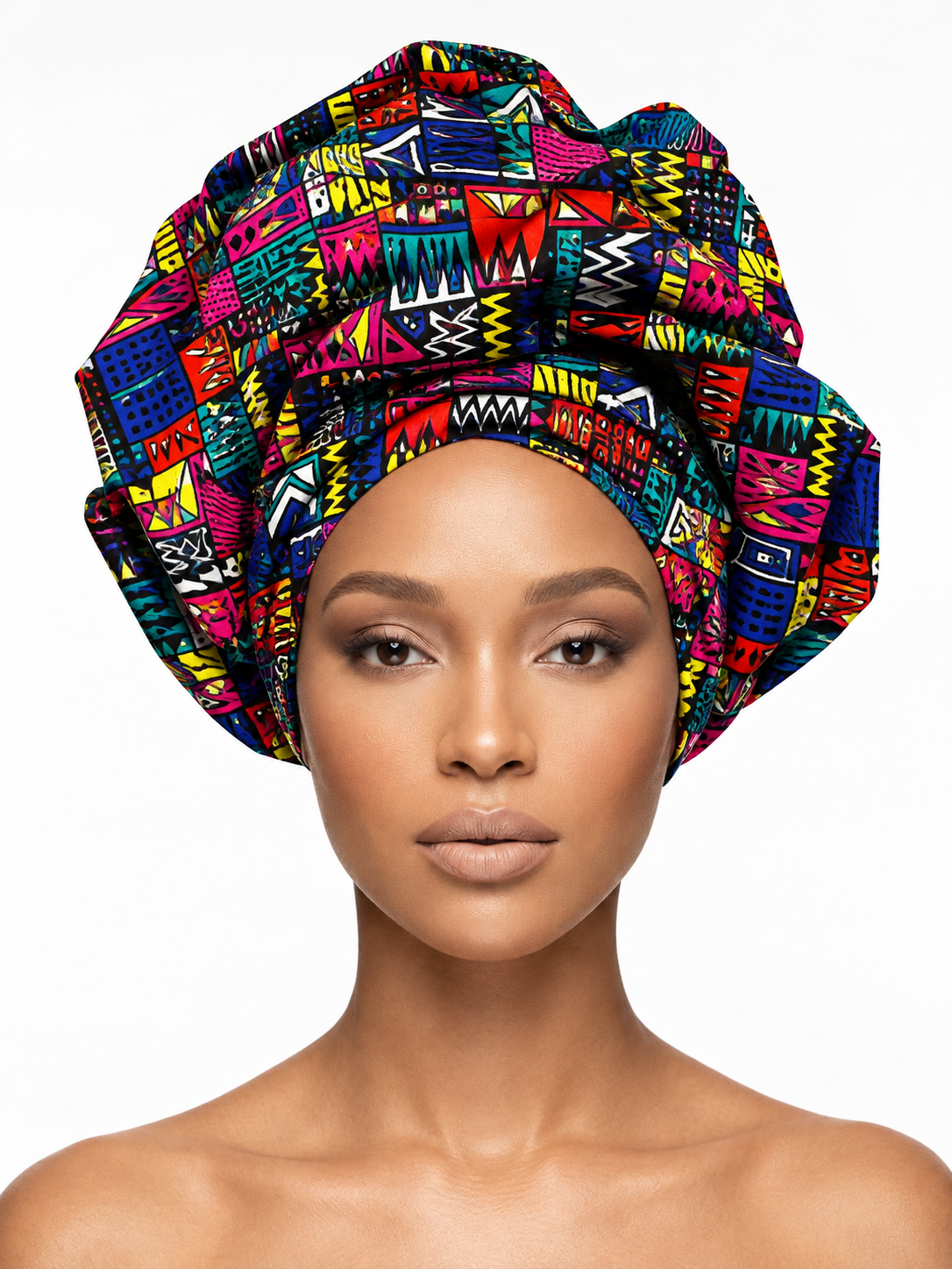 Vibrant Afrocentric patchwork print Ankara cotton headwrap pre-tied turban