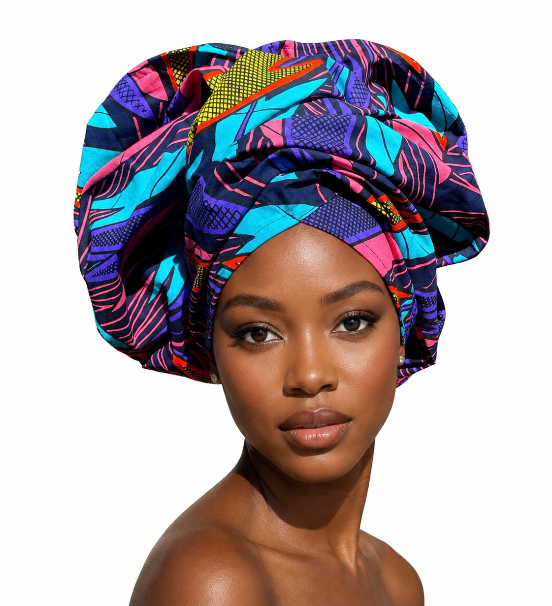 Navy multicolor Ankara print headwrap, matching the shirt dress