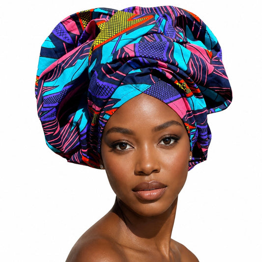 Navy multicolor Ankara print headwrap, matching the shirt dress