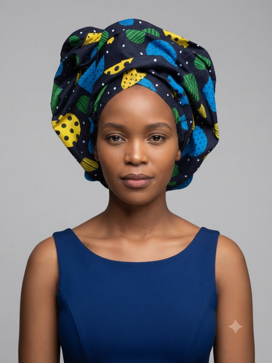 Navy polka dot ankara headwrap, close-up front view