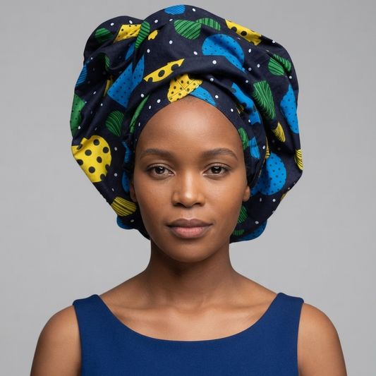 Navy polka dot ankara headwrap, close-up front view