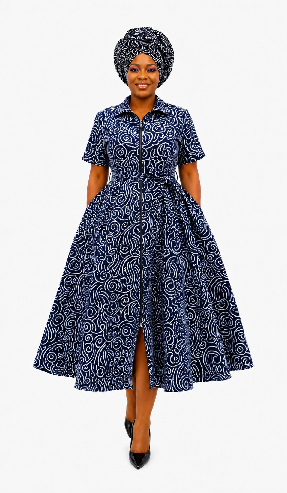 Navy swirl print Ankara shirt dress styled with matching headwrap, front view, handmade in South Africa