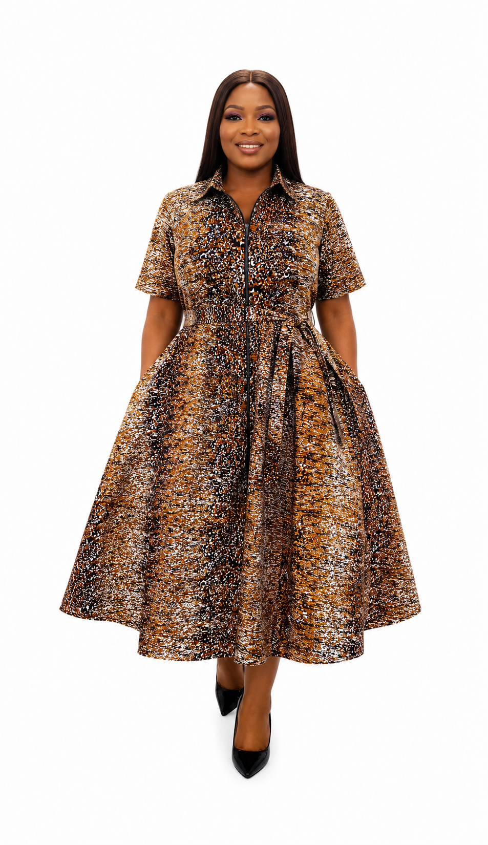 Brown and black abstract textured print Ankara shirt dress, front view, handmade in South Africa