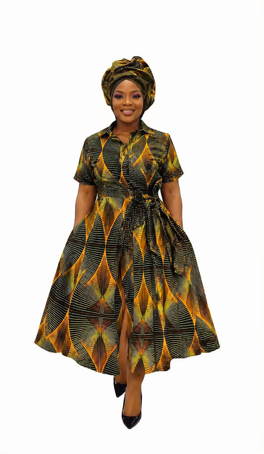 Gold, green and black diamond print Ankara shirt dress styled with matching headwrap, front view, handmade in South Africa