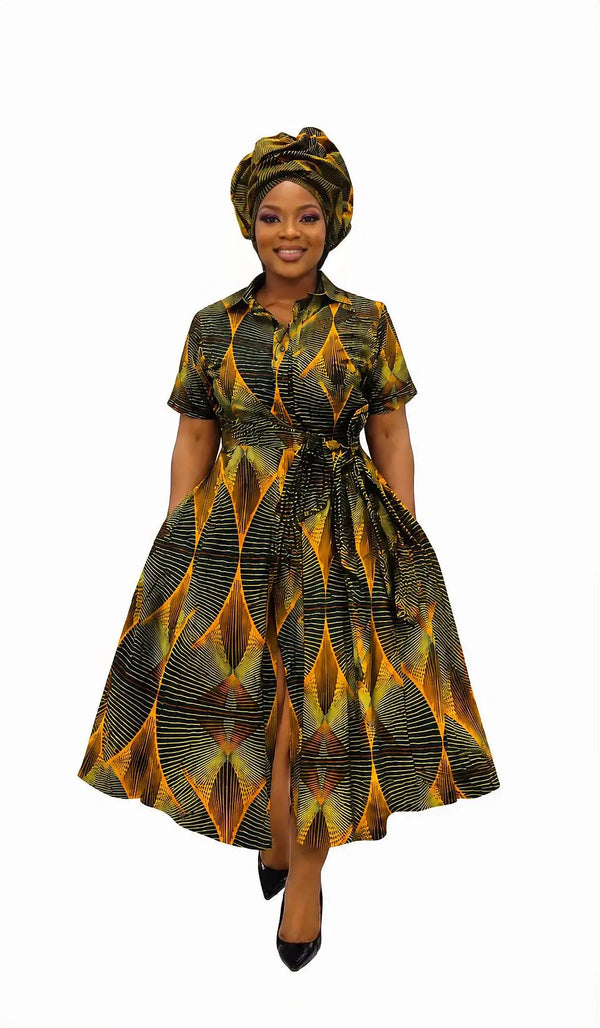 Gold, green and black diamond print Ankara shirt dress styled with matching headwrap, front view, handmade in South Africa