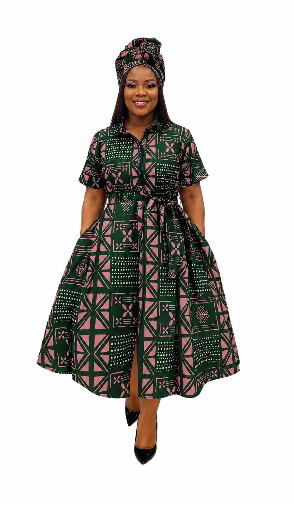 Green and pink mudcloth print Ankara headwrap, ready to wear, matches the shirt dress, handmade in South Africa